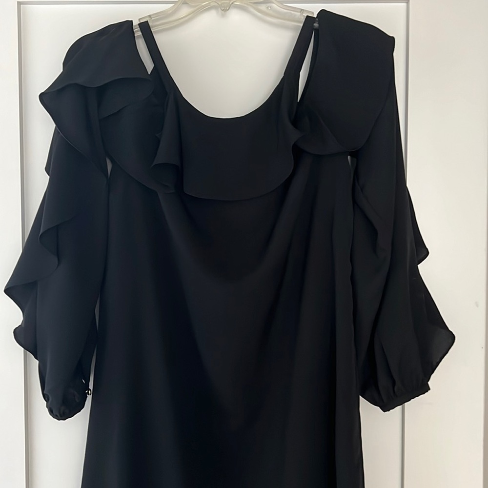 Marchesa Rose Cold Shoulder Ruffle Black Dress Size M. Fully lined. Brand New.